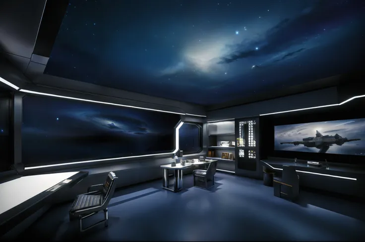 Inside the space station room in the universe,in a panoramic view,wide angles,extreme hight detail,inside in room,Space capsule,Tech panel screens and glass,Outside the glass is a view of the starry sky,a desk,a chair,interior setting,metal floor,janelas,d...
