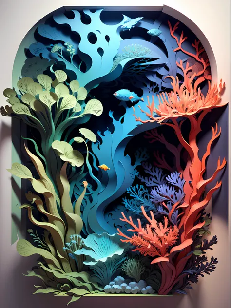 Surrounded by plants and seaweed,3D high relief image, High- sharpness, Seamless, aluminium, Color contrast.