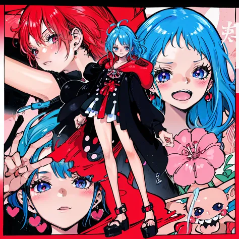 masutepiece, Fine detail, 4K, 8K, 12K, Solo, 1 person, Beautiful Girl, caucasian female, One-piece style image, Light blue hair, Red Eyes, Short hair, 15 years old, Short stature, deadpan、red blush、black robes, Black hood, upper bod