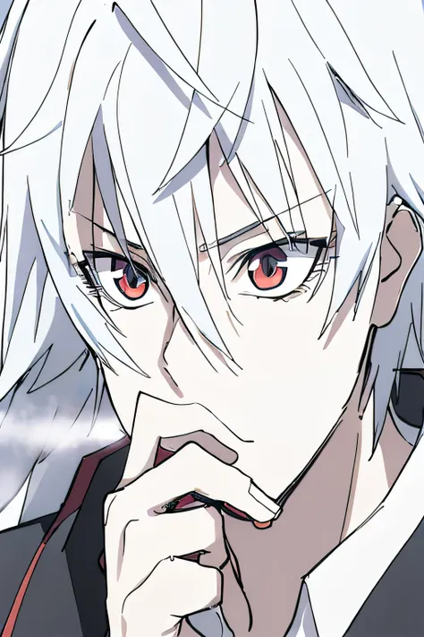 a handsome anime character，his name is hajim yatat，he has white hair and red eyes。his expression is extremely detailed and beaut...