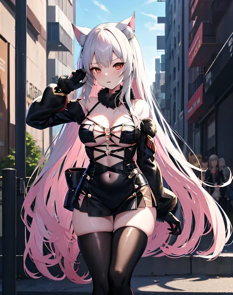 anime girl with long hair and a cat ears posing in front of a building, seductive anime girl, badass anime 8 k, from girls front...