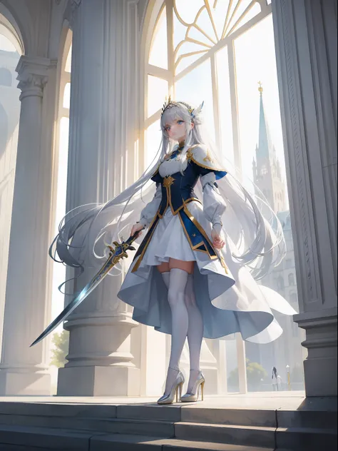 silver-white girl with long hair，dressed in a dress trimmed with white and gold，stand on a towering building，wear high heels，swo...