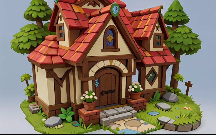 cartoonish style， polygon， game architectural design， fanciful，fantasy， ordinary house，white wall， cross decoration，broken tile ...