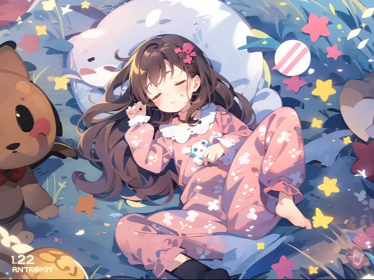 sleeping girl，ultra cute，2 years old，realisticlying，she wore long trousers，wearing pink pajamas，brown  hair