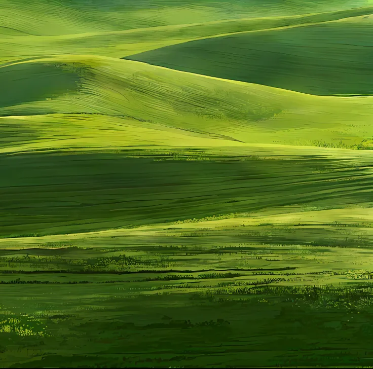 araved view of a green field with a lone tree in the distance, rolling green hills, rolling hills, green fields, verdant green f...