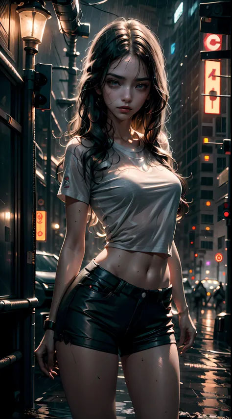 Beautiful woman with wavy hair, delicate and charming eyes, thigh notch, sexy long legs, t-shirt in small shorts, beautiful futuristic cyberpunk + city, mist, damp, rain, best quality masterpiece, realistic, detailed, 8k, HDR, shallow depth of field, wide ...