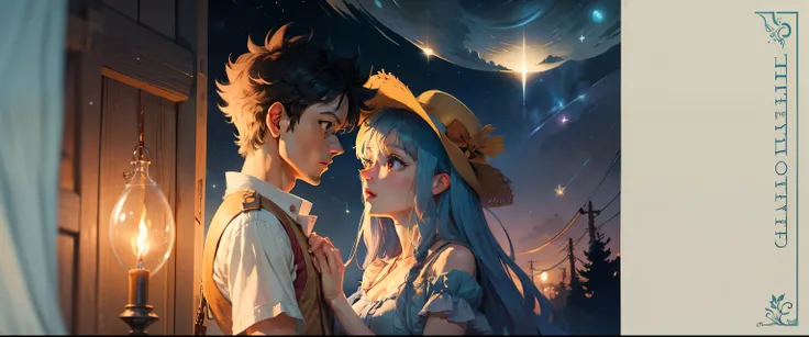 Luffy dressed as a pirate, Nami dressed as a princess, are looking at the stars, inspired by Jakub Schikaneder, inspired by Pascale Campion, art concept for a book cover, summer night, torches and fireflies, novel cover art for a book, holding hands in the...