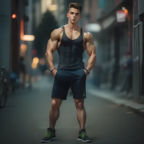 (muscular and attractive young guy:1.2) in a sports strap and sneakers, slimness and self-confidence, posing on the streets of t...