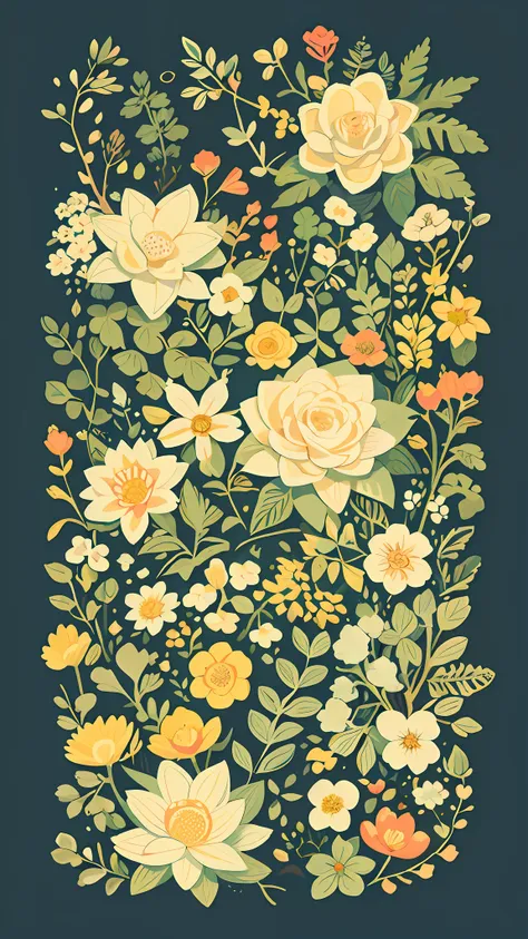 slight vintage color,planar,,riso print style,illustration,adolable,leave white space,low-saturation,lots of flowers，individuall...