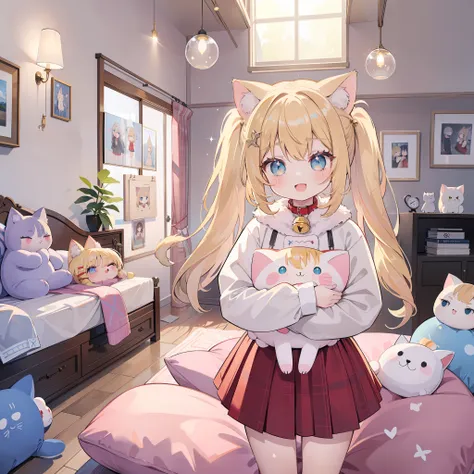 1 girl in、blonde twintails、length hair、sagging hair、blue eyes、lustrous eyes、cat ear、cat's tail、collar with bell、parka、a red skir...