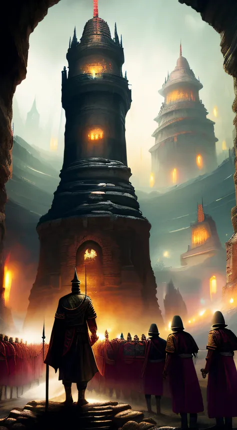 （ancient underground style：1）an ancient emperor stands on the tower of the city，there are thousands of troops under the city