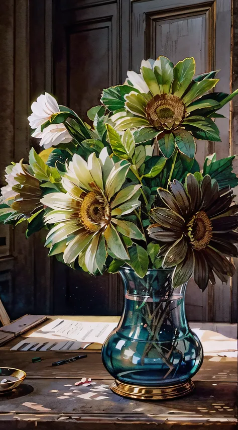 still life with flowers in vase, historical jewelry, in the historical interior environment, darkened room, cinematic lighting, ...