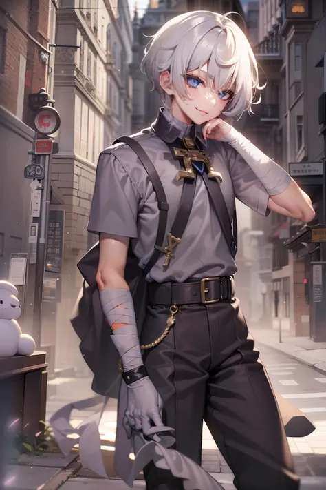 A handsome boy,short detailed hair,Bow knot,Half male half-cross-dressing,A smile shows a happy heart。Tall and mighty,Sharp eyes,Mysterious sense of psychosis。Long boots,Close-up of the whole body。Urban background,White gauze neck,A bandage is tied around ...