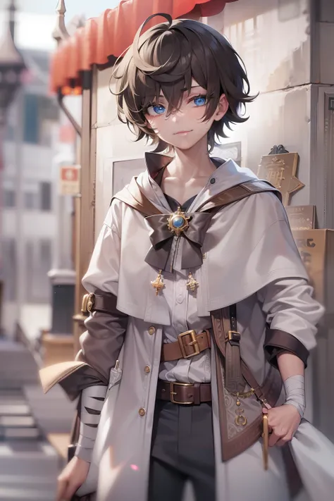 A handsome boy,short detailed hair,Bow knot,Half male half-cross-dressing,A smile shows a happy heart。Tall and mighty,Sharp eyes,Mysterious sense of psychosis。Long boots,Close-up of the whole body。Urban background,White gauze neck,A bandage is tied around ...