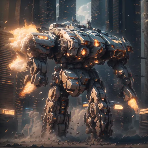 (a super mech sports car), a large amount of energy short barrel on the back, facing the camera, tall buildings, energy cannon fire, tall and mighty, solid armor, futuristic technology, sharp lines, dynamic shapes, mechanical joints, armor plates, sensors,...