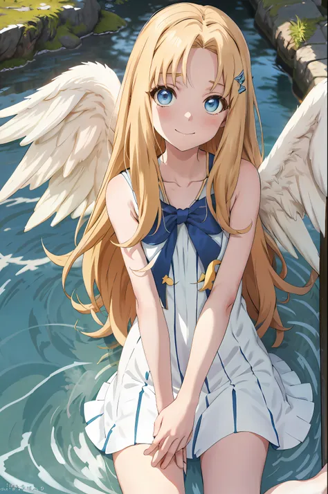 filo, anime style girl, upper body, 1girl, solo, happy, white wings, hite dress, blue bow, long hair, blue eyes, looking at view...