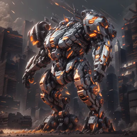 (A super mech sports car)、chariot,sports cars,Back with a large amount of energy short barrels,Face the camera,Buildings、Energy cannon fire、Tall and mighty、strong armor、future-tech、Sharp lines、Dynamic styling、Mechanical joints、Armor plates、sensor、Energy we...
