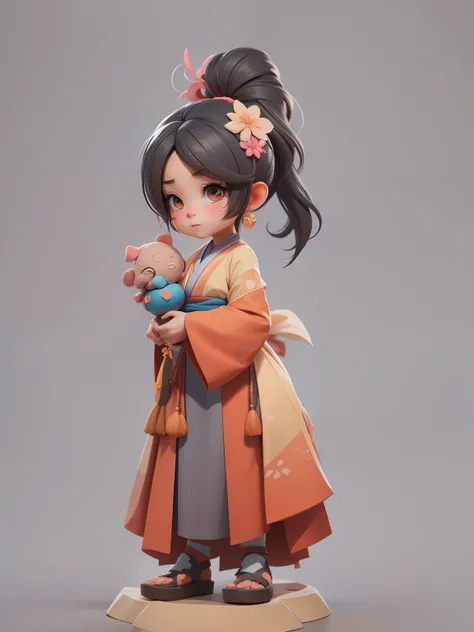 a Super cute girl,Tied with a high ponytail,Wear jewelry on the head,adolable,Hands on deck,wearing a hanfu,full bodyesbian,Fantastic and cute Pomat blind box,IP design,Clean bright background 3D rendering,oc rendered,8K,soft focus,Fine glossy super detail...