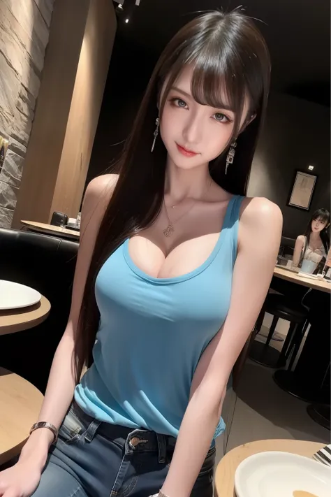 (Realistic, high resolution:1.2), 1 girl with perfect figure, Super fine face and eyes, Long dark blue hair, blue tanktop: 1.2 In pure color, short jeans pants, In a café, Coffee on the table, gigantic cleavage breasts