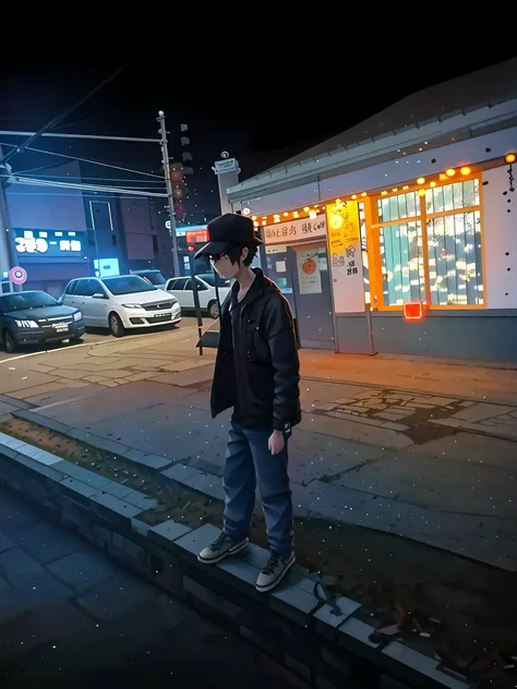 there is a man standing on the sidewalk in front of a building, which stands on the street, during night, in a street at night, in a japanese town at night, , f / 1. 9 6. 8 1 mm ISO 4 0, at night with neon lights