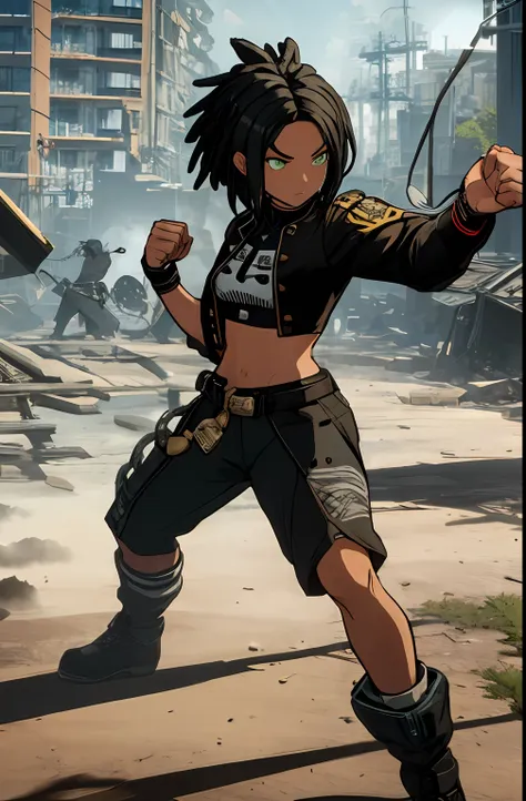 serious, a battle girl, green eyes, black hair, intricate hair, fighting stance, diamond, elemental, crop top, jacket, guiltys, ...