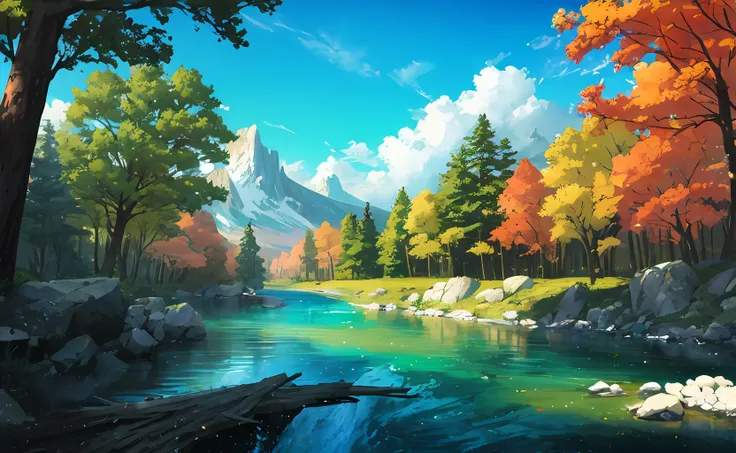 concept-art, no man, scenery, water, sky, day, tree, cloud, waterfallr, outdoors, building, nature, river, blue sky