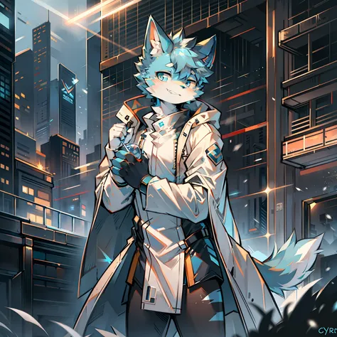 cybermetropolis，thunder，drifting snow，male blue cat，electronic left eye，chinese trench coat