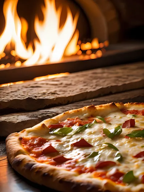 Macro photo of a slice of delicious pizza in front of a stone oven, fire oven, light it fire, food photography, advertising photography, macro crisp quality, warm colors, soft light, extremely detailed, beautiful, establishing shot, artistic, hyperrealisti...