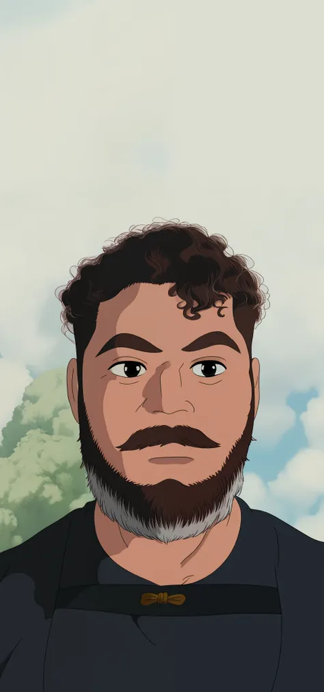 stunning ghibli-style portrait of an accurately depicted bearded asian man, showcasing his curly locks and striking facial featu...