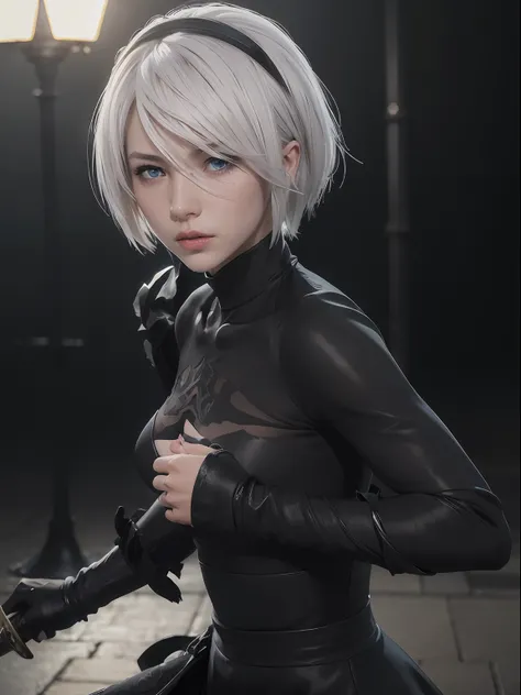(masterpiece, best quality:1.4), (on the street), (fighting:1.5), (full body:1.2), (blue eyes), (from front), (1girl), (katana in her hand:1.2), solo, (european youth:1), 1girl, yorha no. 2 type b, (white-hair:1),  hyperrealistic, high detailed skin, dslr,...