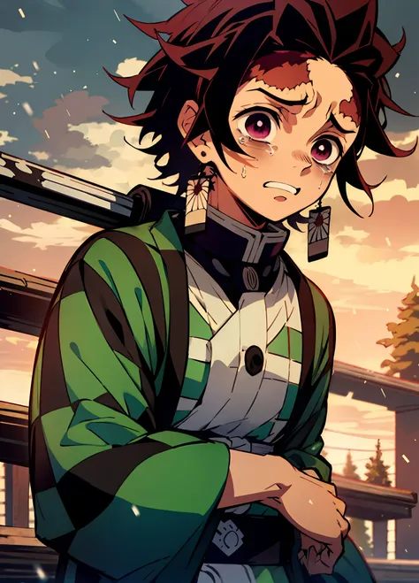 "kamado tanjiro from demon slayer, heavy rain, crying, gazing at the sky, wearing a green plaid shirt, holding a katana."