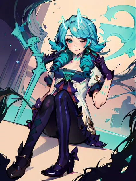 League of Legends Gwen, Wearing Viegos crown, Viegos crown, Green Viego crown, Viego crown, 3 spiked Viego crown, 3 spiked glowing crown, glowing Viego crown, Viego headpieace, SFW, winking, one eye closed, Gwens dress, Gwens outfit, Gwens hair, Gwens glov...