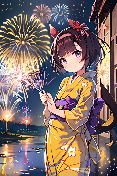 ​masterpiece、top-quality、独奏,, 1 rapariga,,nishino flower\(umamusume\),marl、((yellow yukata:1.4))、 ((patterned yukata, geta), gen...