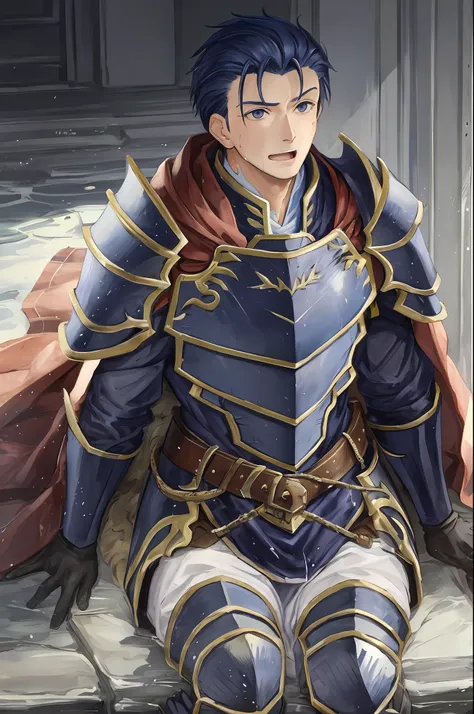 Hector Fey, 独奏, looking at viewert, Teasing laughter, Open your mouth,drools,perspire,Drenched,Get wet,mitts, 1 man, Male focus, sit astride(sit on chair),Cloak, Armour, Shoulder armor, POV from below