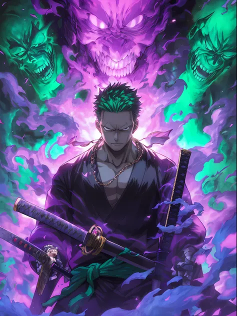 a close up of a person holding two swords in front of a demon, badass anime 8 k, roronoa zoro, handsome guy in demon slayer art,...