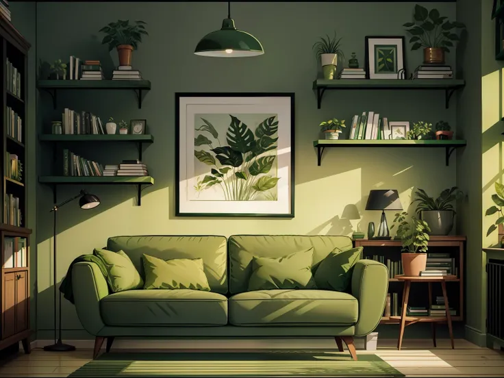 a living room with a green couch and a green plant on the wall and a book shelf with books