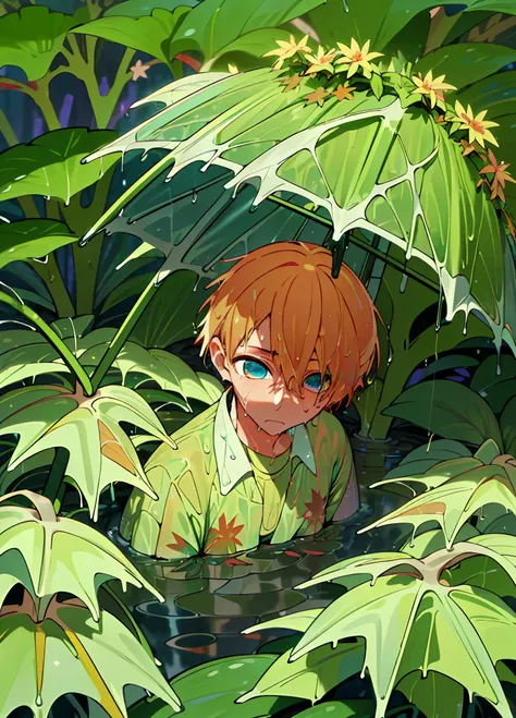 a boy, hoshino aqua son of hoshino ai from anime oshi no ko, orange hair, star eyes,(after the rain:1.5), sitting in a puddle, (...