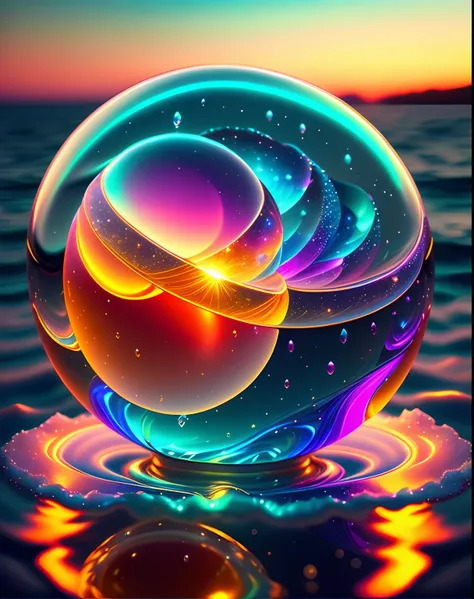 Alberto Severo art, Agregar muchos efectos de gotas y salpicaduras multicolores) ,Arafed image of a glowing orb with water splashing from it, esfera brillante, Render de octanaje colorido, Bola de cristal, globo de plasma, bola de cristal, Cinema 4D render...