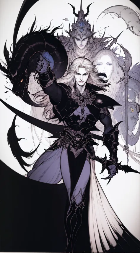 devil 1、(((black giant)))、white background、accessorized、line-drawing、pale color、black armor、iron mask、fantastical、alfonse mucha、...