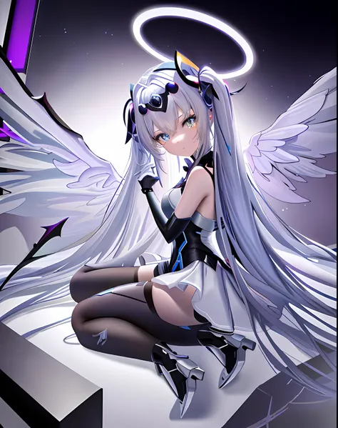 teens girl,In a dark room at night,There are angelic wings and halos,Presenting a demon anime girl with a nighttime core theme。Based on the Azure channel style,Combine ethereal and mecha themes,Showcasing anime goddesses and white-haired mysterious charact...