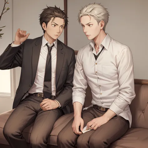 (1 Adult male),A high resolution, Sharp focus, Pixiv masterpiece, ((Complicated details)), highly detailed, natsuki_subaru, 1 man, Serious,full bodyesbian, Golden eyes(eyes glowing), with short golden hair,white shirt,Wear a tie,Wear a belt,perspire,look...