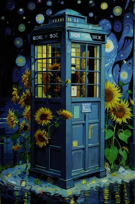 "tardis voando no lago, the blue sky painted like van gogh's starry night sunflowers around the oil painting of tardis, profundi...