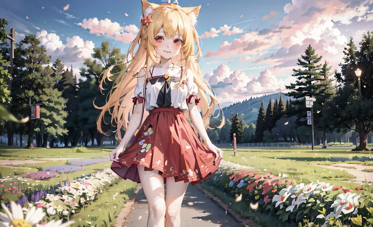 anime girl walking on the path of the park in a red dress, very beautiful anime cat girl, anime girl with cat ears, beautiful an...