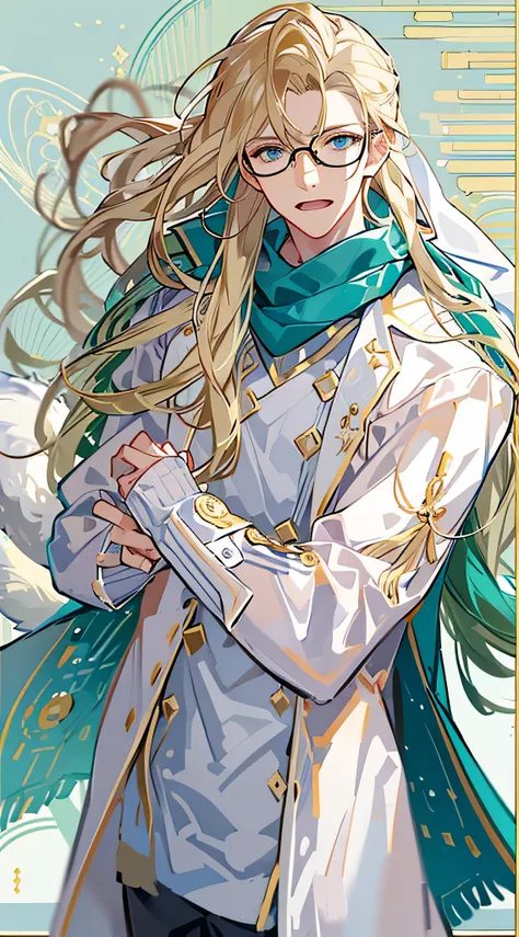 Best Quality, very detailed beautiful face and eyes, Long hair, Blonde tied hair, Blue eyes, flat chest, White coat, Small arm muscles, Male Hands, male eyebrows, Male Eyes, Half-closed eyes, sharp long nose, Mens Glasses, wearing shoes on feet, ((full len...