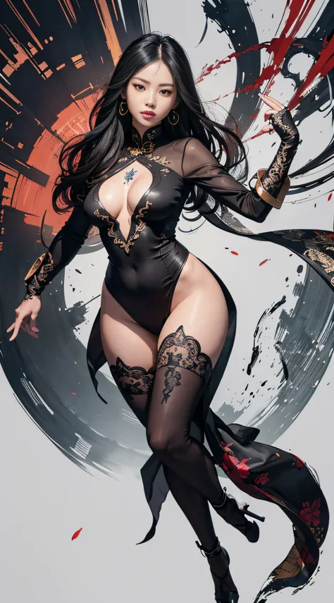 Ink drawing of Vietnamese superheroine, moden ao Dai, full body, Peter Draws, digital illustration, comic style, Dong Son drum patterns background, black and white contrast.perfect anatomy, centered, dynamic, highly detailed, watercolor painting, artstatio...