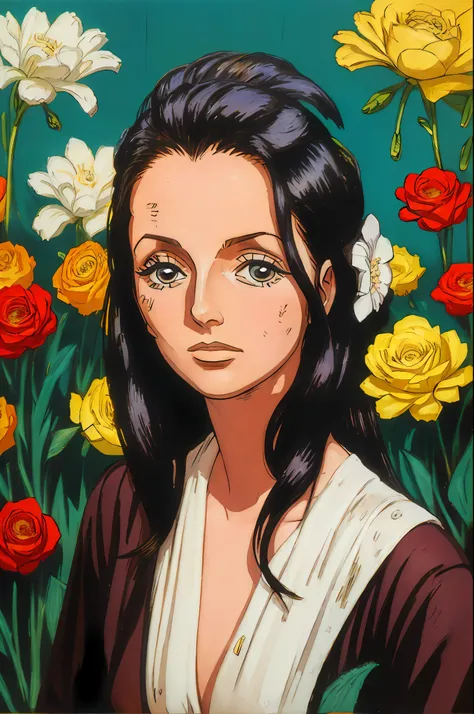 nico robin in a spy outfit, covered in grease and dirt, flower garden in the background, nsfw, vintage illustration, vibrant and...