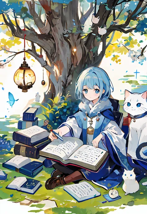 (magic book+incantation), Xiaowei(handheld+illustration) , Ancient big tree, Focusing on the study of secrets and wisdom, beautiful and cute small animals, cats