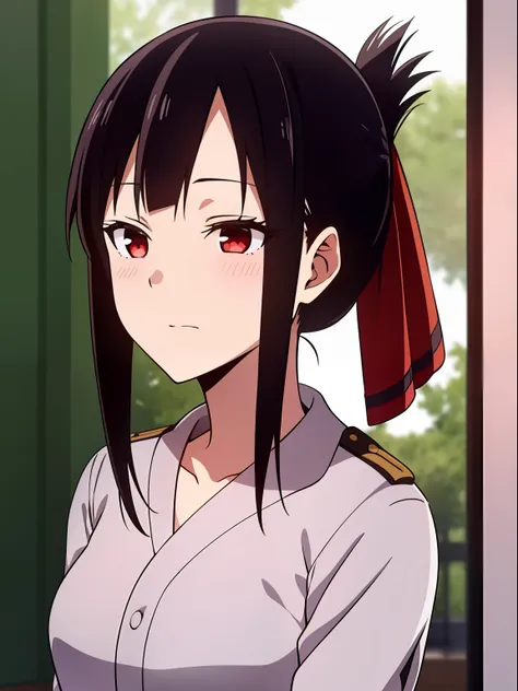 1girl, shinomiya kaguya, folded ponytail, military uniform