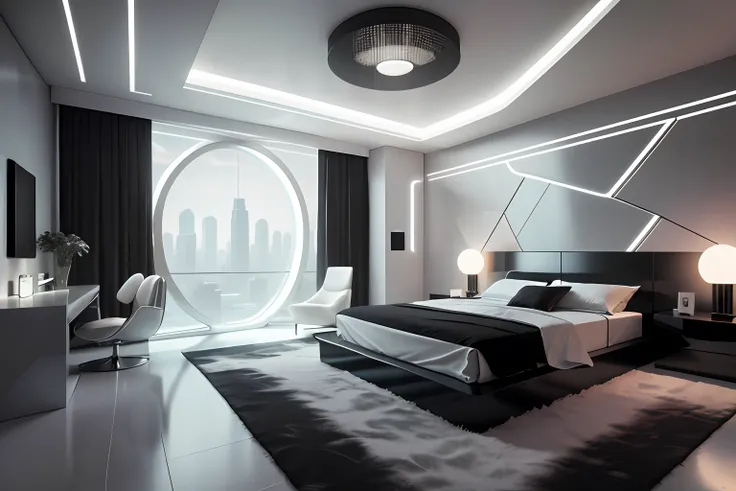 tmasterpiece,MUCH QUALITY,The bedroom is stylish and simple,There was a queen size bed in the corner。The bed has a black leather headboard and gray duvet,Contrast with the white walls。The walls are bare,Rooms only have a large flat-screen TV and digital cl...