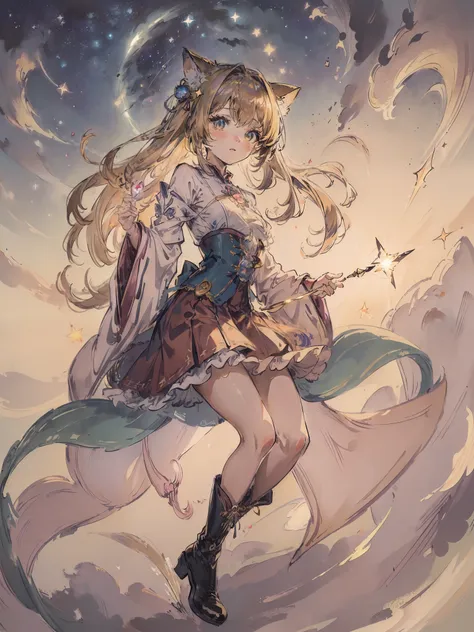 accompanied by a cute cat、((magical little girl)), ((gorgeous starry sky background)), ((ultra-definition)), ((best illustration...